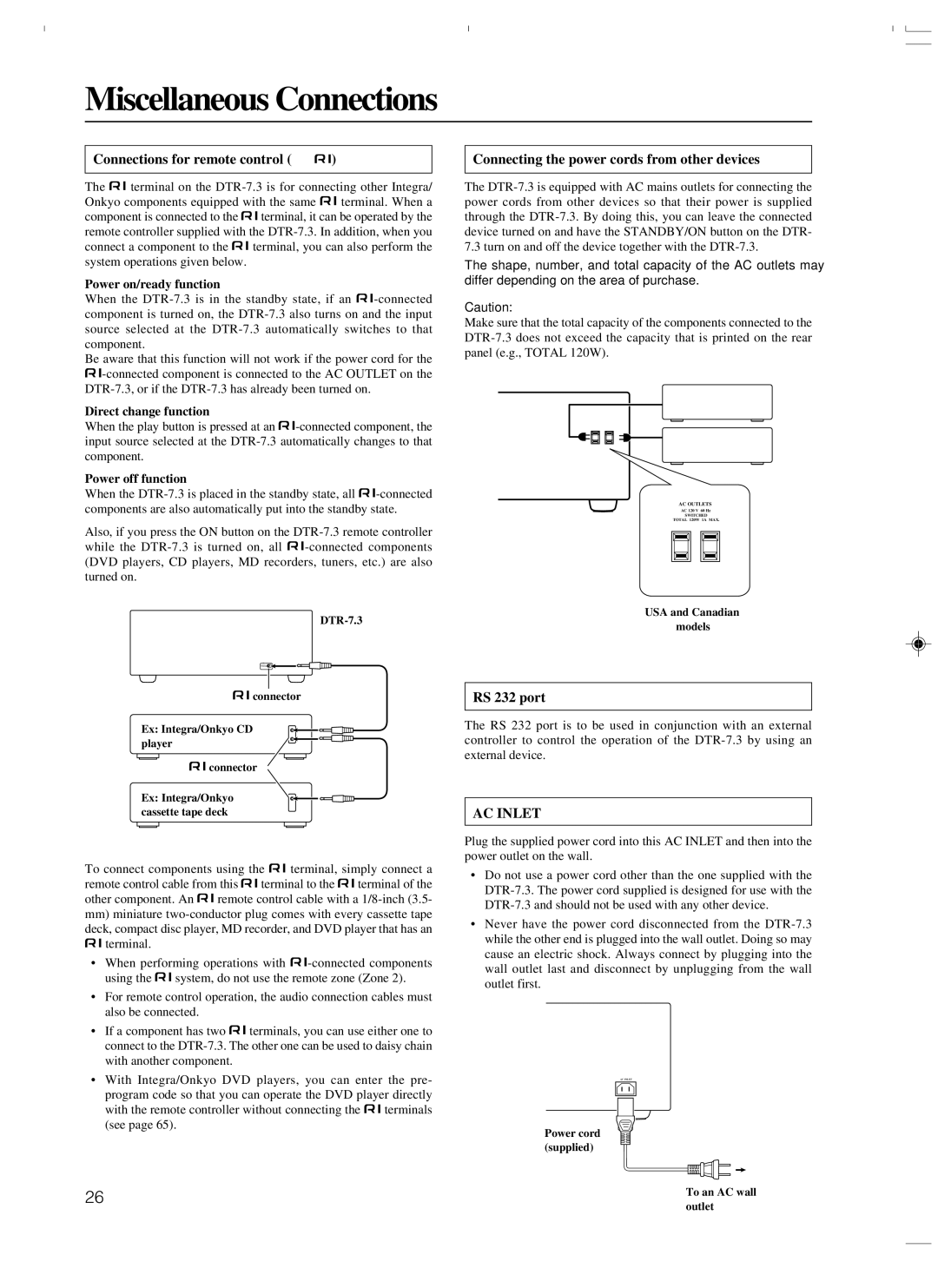 Integra DTR-7.3 Miscellaneous Connections, Connections for remote control, Connecting the power cords from other devices 