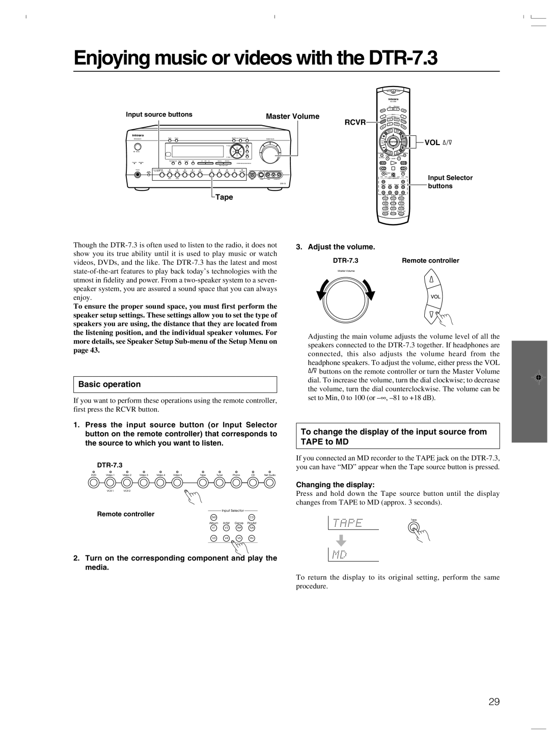 Integra instruction manual Enjoying music or videos with the DTR-7.3, Basic operation 