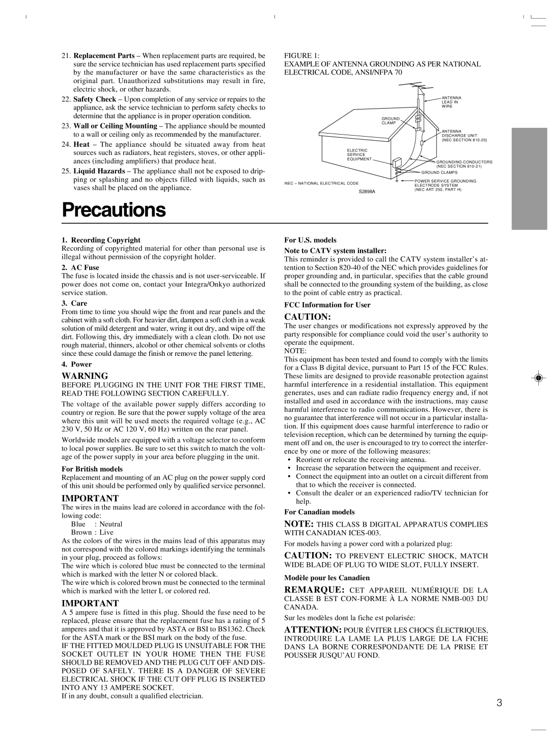 Integra DTR-7.3 instruction manual Precautions 