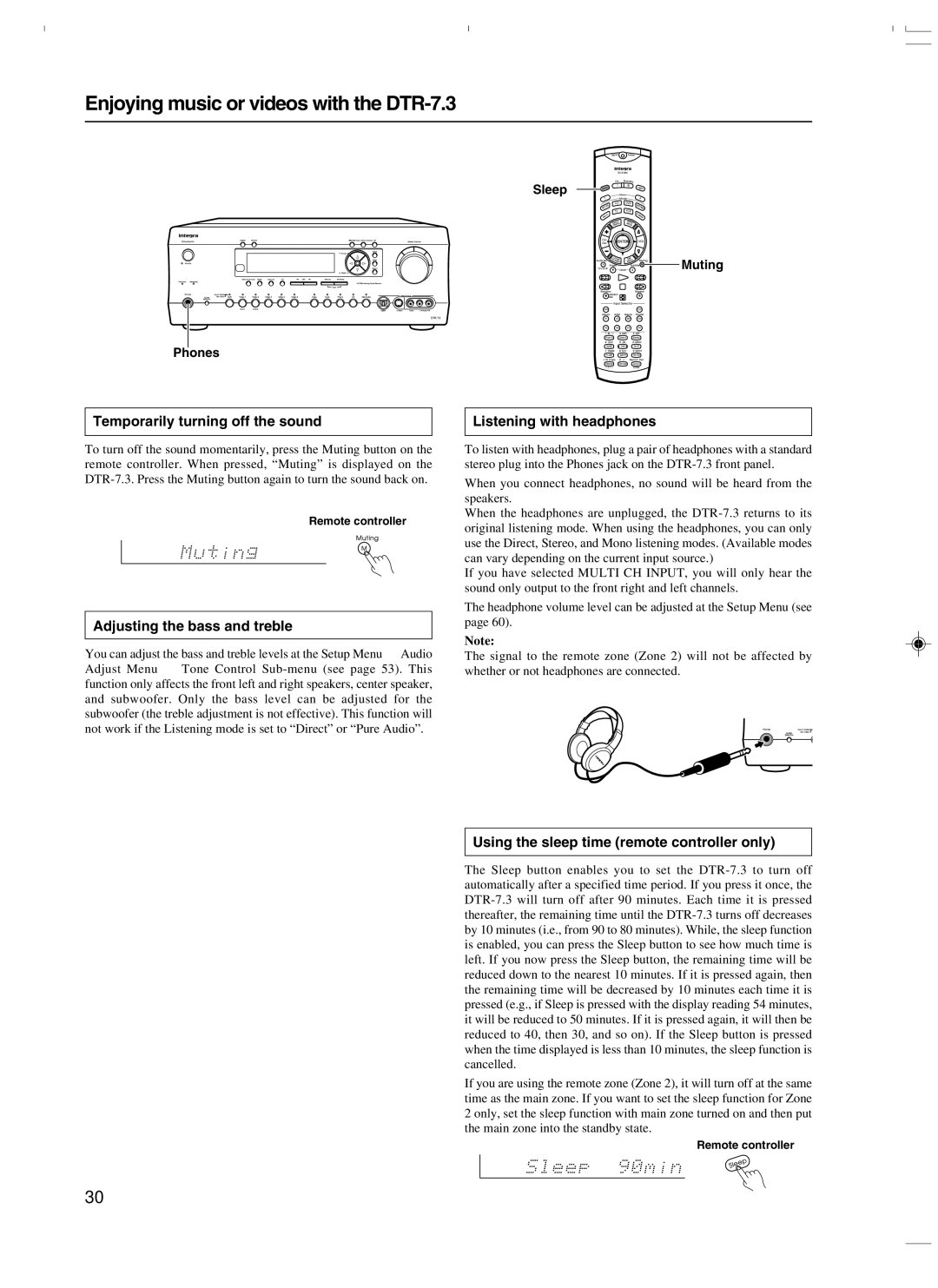 Integra Enjoying music or videos with the DTR-7.3, Temporarily turning off the sound, Adjusting the bass and treble 