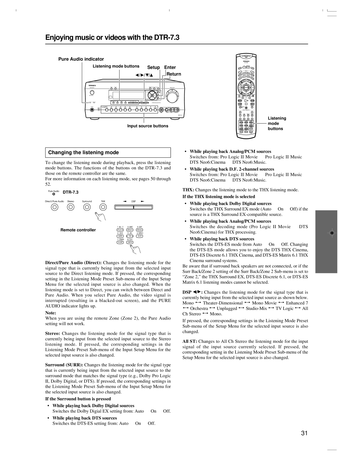 Integra DTR-7.3 instruction manual Changing the listening mode, Setup Enter Return, While playing back DTS sources 