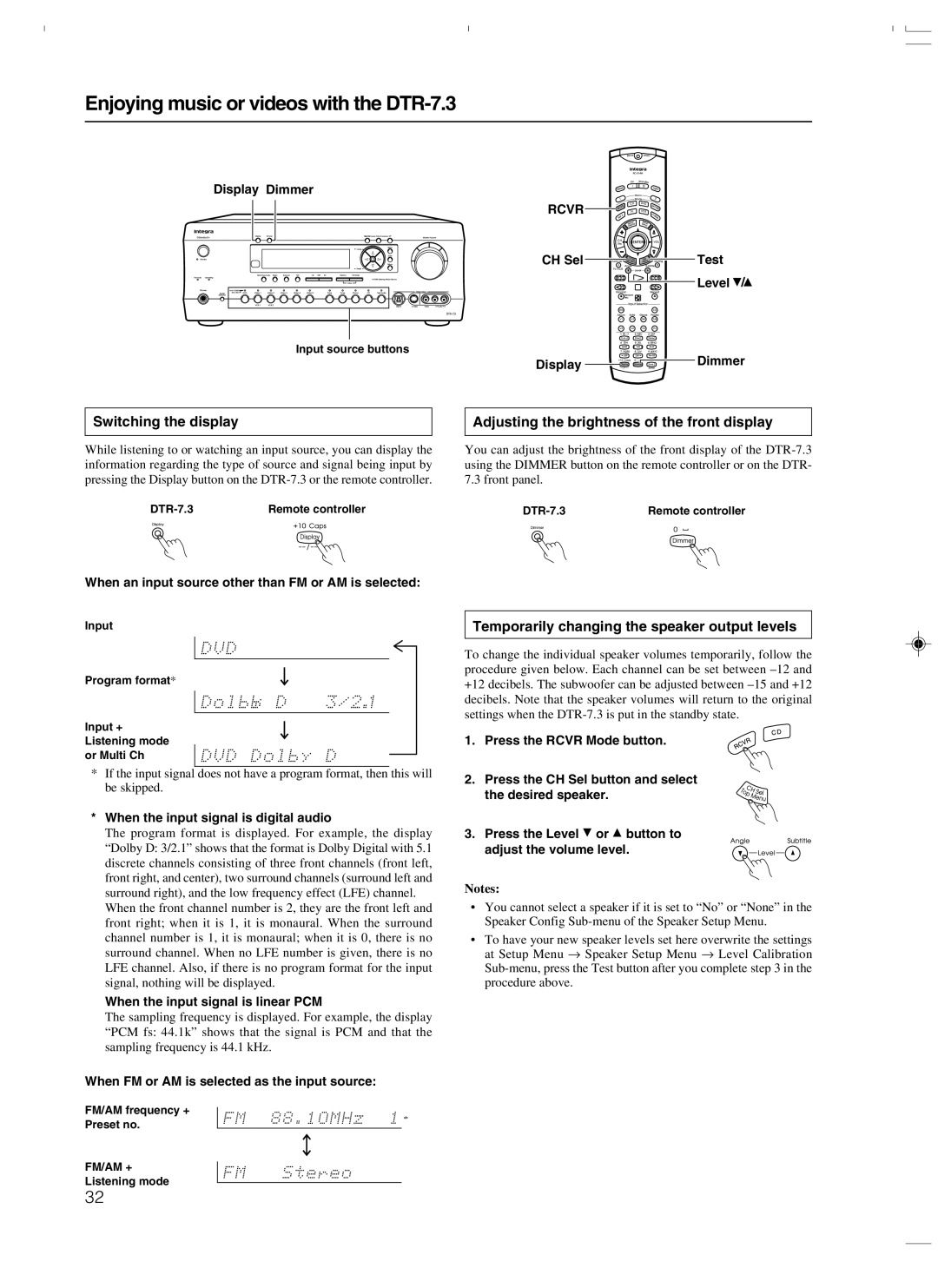 Integra DTR-7.3 instruction manual Switching the display, Adjusting the brightness of the front display 