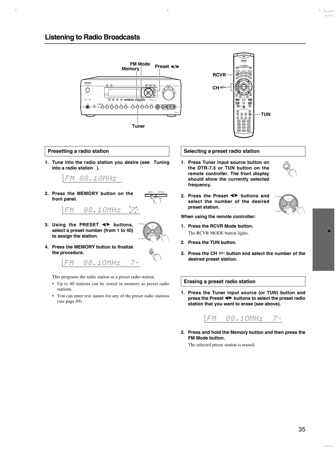 Integra DTR-7.3 Listening to Radio Broadcasts, Presetting a radio station, Selecting a preset radio station 