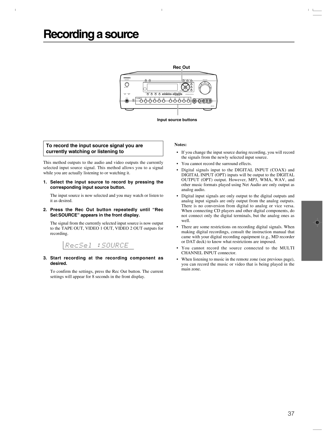 Integra DTR-7.3 instruction manual Recording a source, Rec Out, Start recording at the recording component as desired 