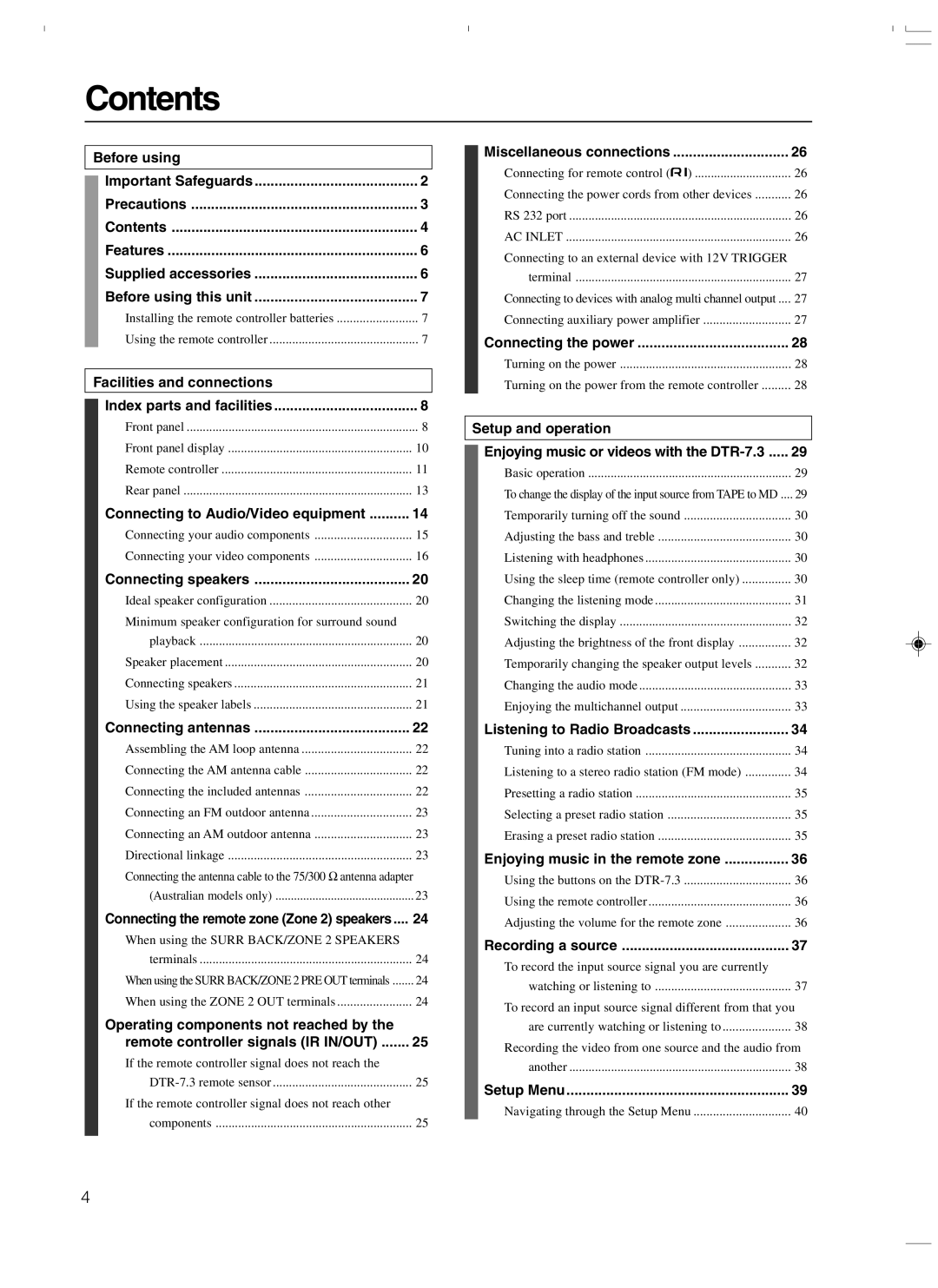 Integra DTR-7.3 instruction manual Contents 