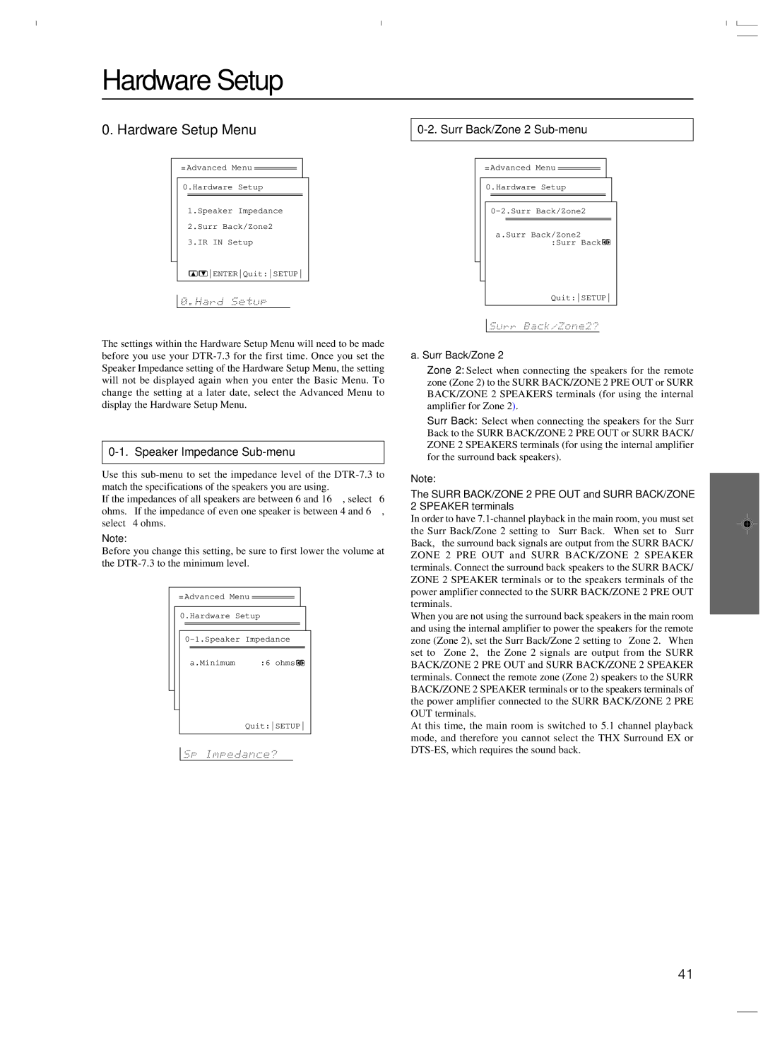 Integra DTR-7.3 instruction manual Hardware Setup Menu, Surr Back/Zone 2 Sub-menu, Speaker Impedance Sub-menu 