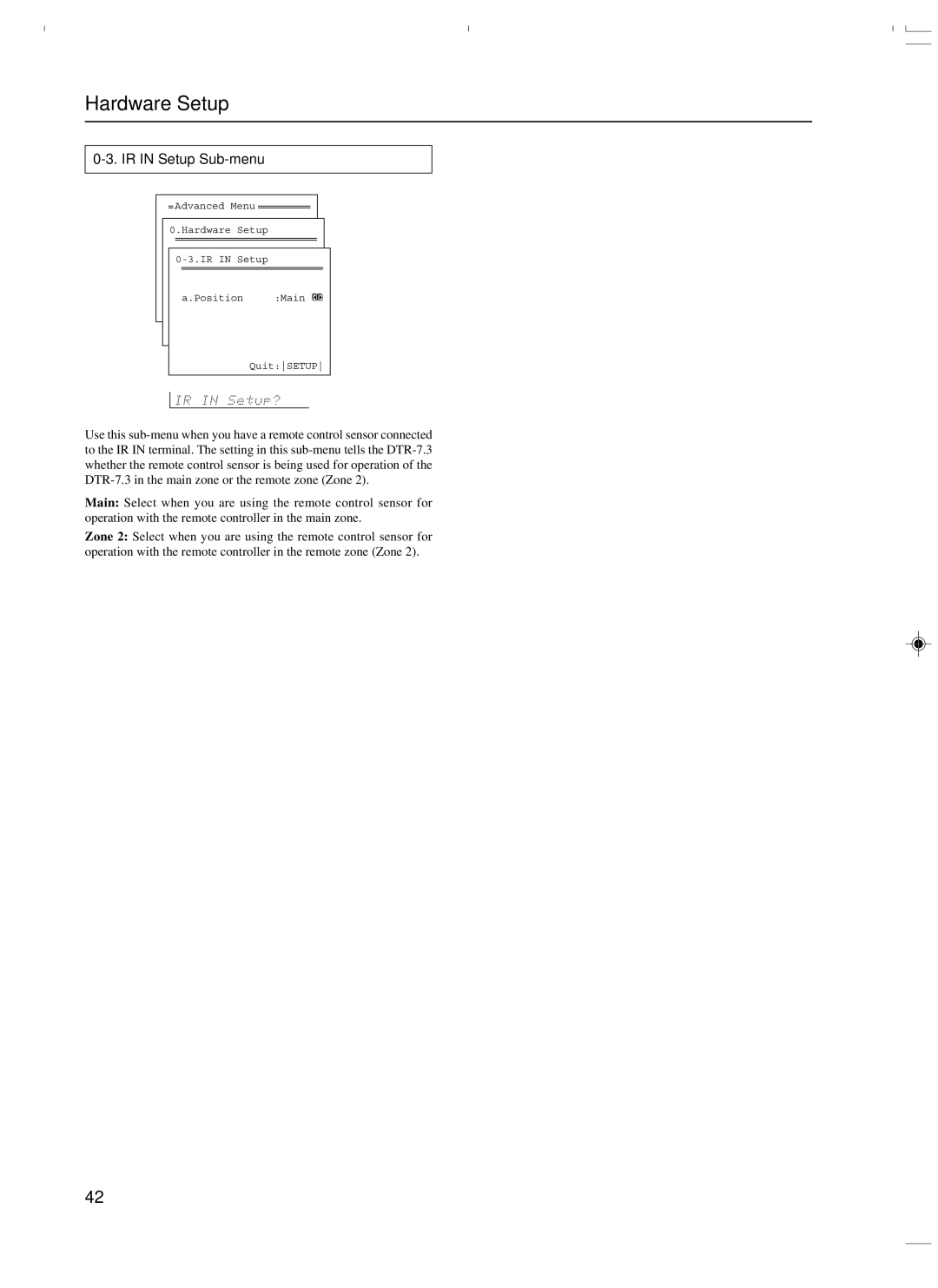 Integra DTR-7.3 instruction manual Hardware Setup, IR in Setup Sub-menu 