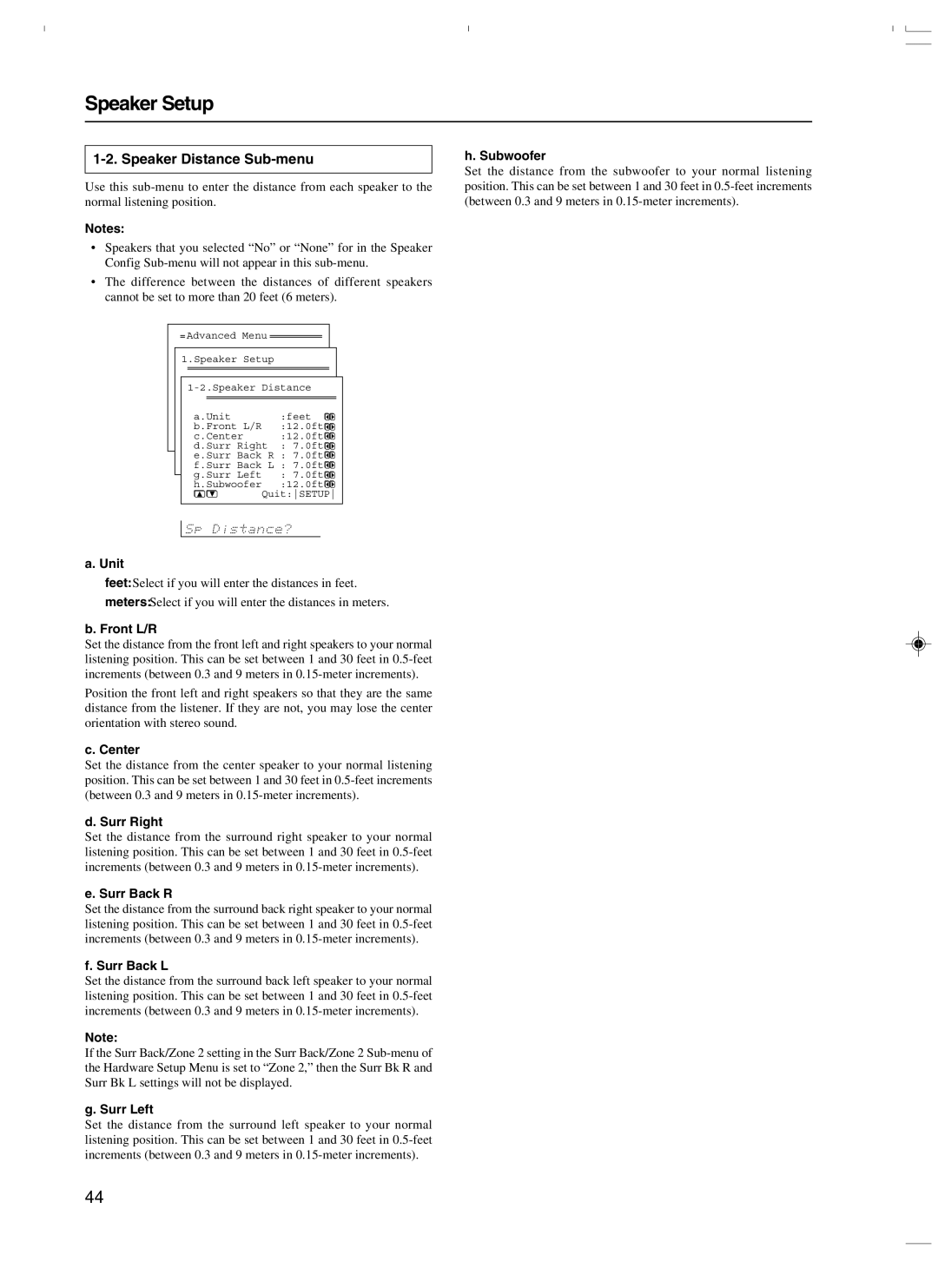 Integra DTR-7.3 instruction manual Speaker Setup, Speaker Distance Sub-menu 