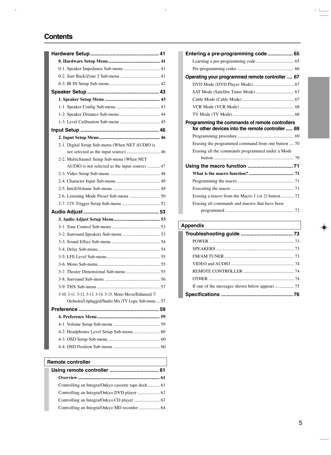 Integra DTR-7.3 instruction manual Contents 