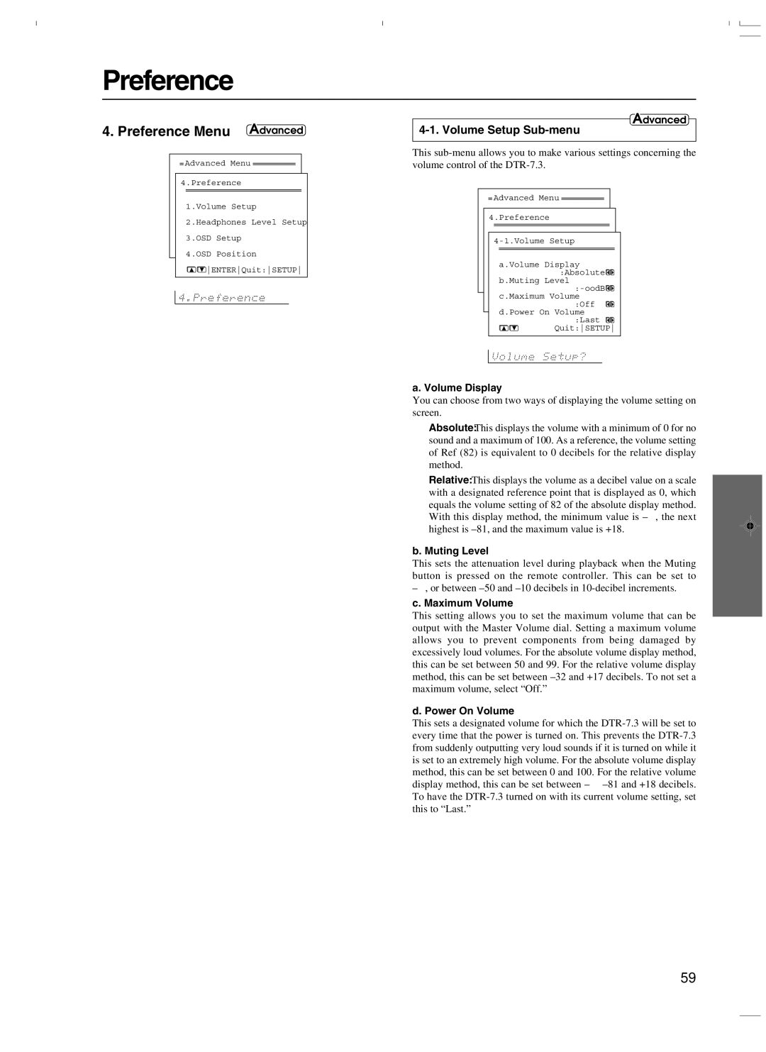 Integra DTR-7.3 instruction manual Preference Menu, Volume Setup Sub-menu 