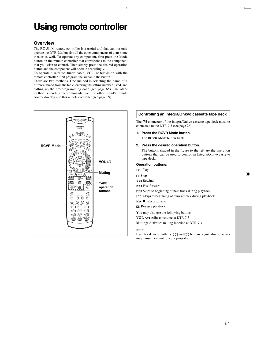 Integra DTR-7.3 Using remote controller, Overview, Controlling an Integra/Onkyo cassette tape deck, Rcvr Mode 