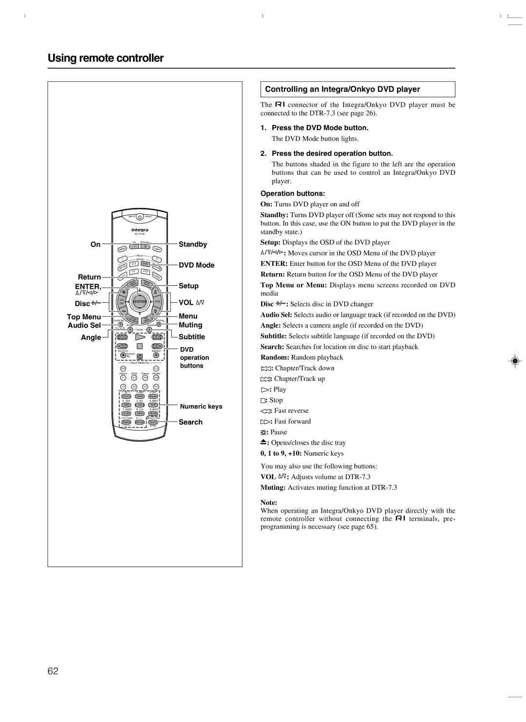 Integra DTR-7.3 instruction manual Using remote controller, Controlling an Integra/Onkyo DVD player 