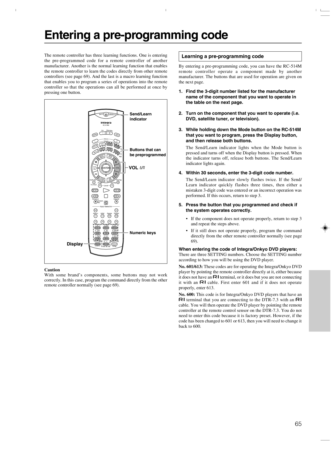 Integra DTR-7.3 instruction manual Entering a pre-programming code, Learning a pre-programming code, Vol, Display 