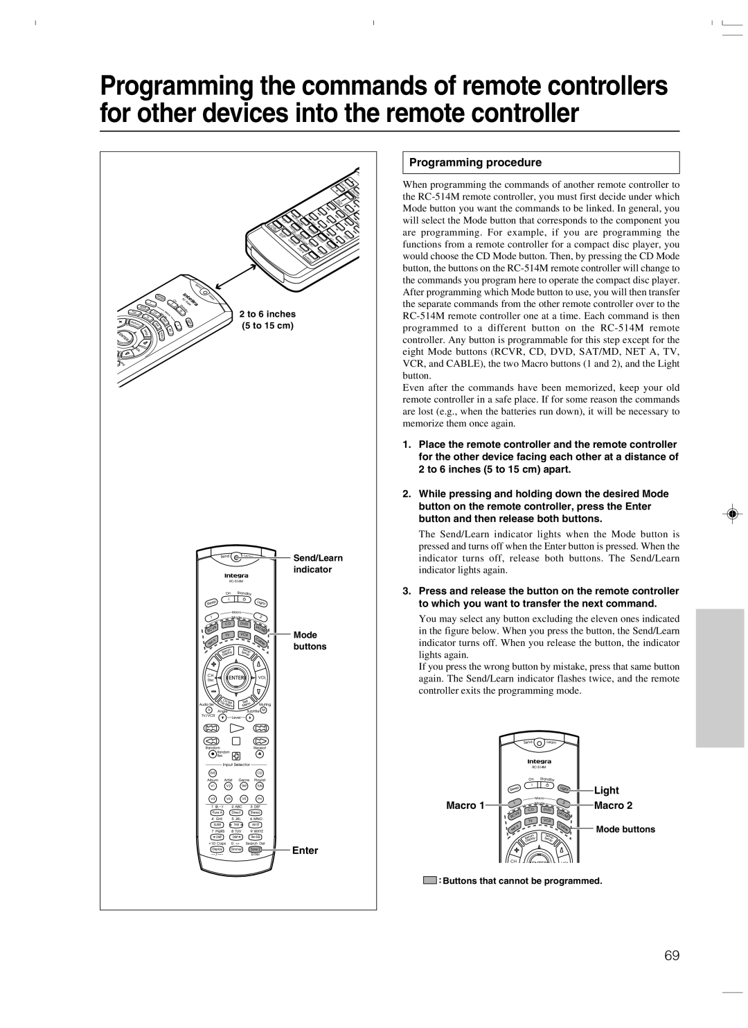 Integra DTR-7.3 instruction manual Programming procedure, Light Macro 1 Macro 