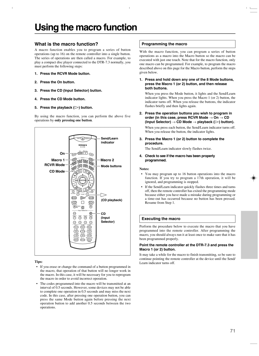 Integra DTR-7.3 Using the macro function, What is the macro function?, Programming the macro, Executing the macro 