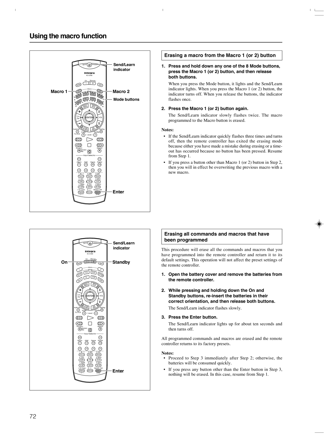 Integra DTR-7.3 instruction manual Using the macro function, Erasing a macro from the Macro 1 or 2 button 