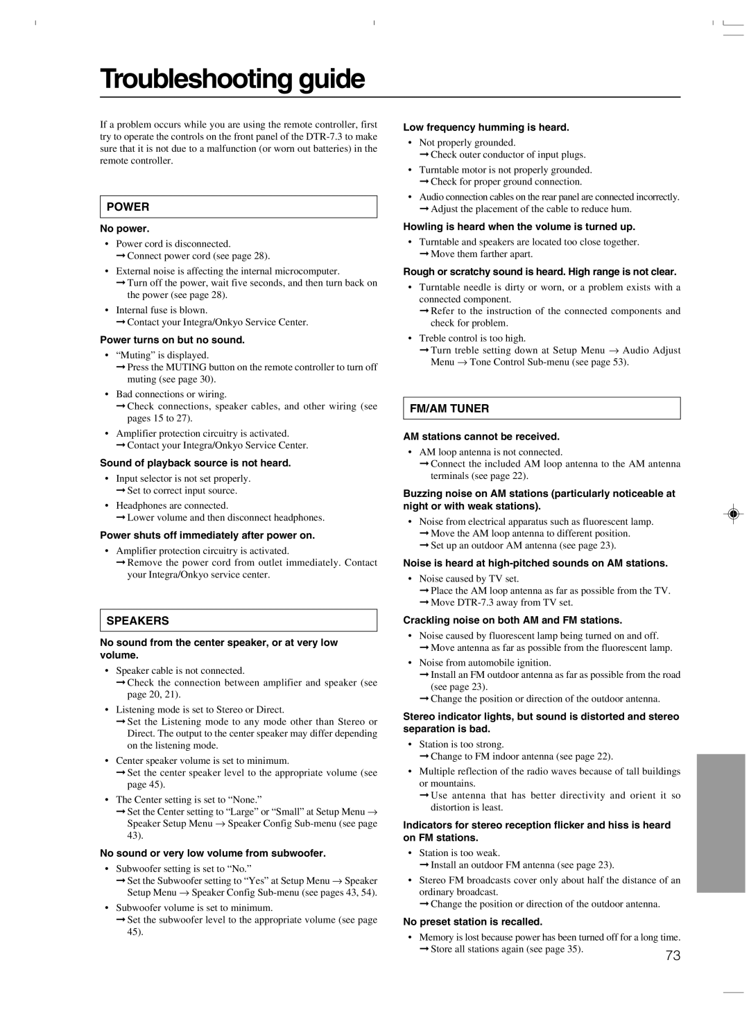 Integra DTR-7.3 instruction manual Troubleshooting guide 