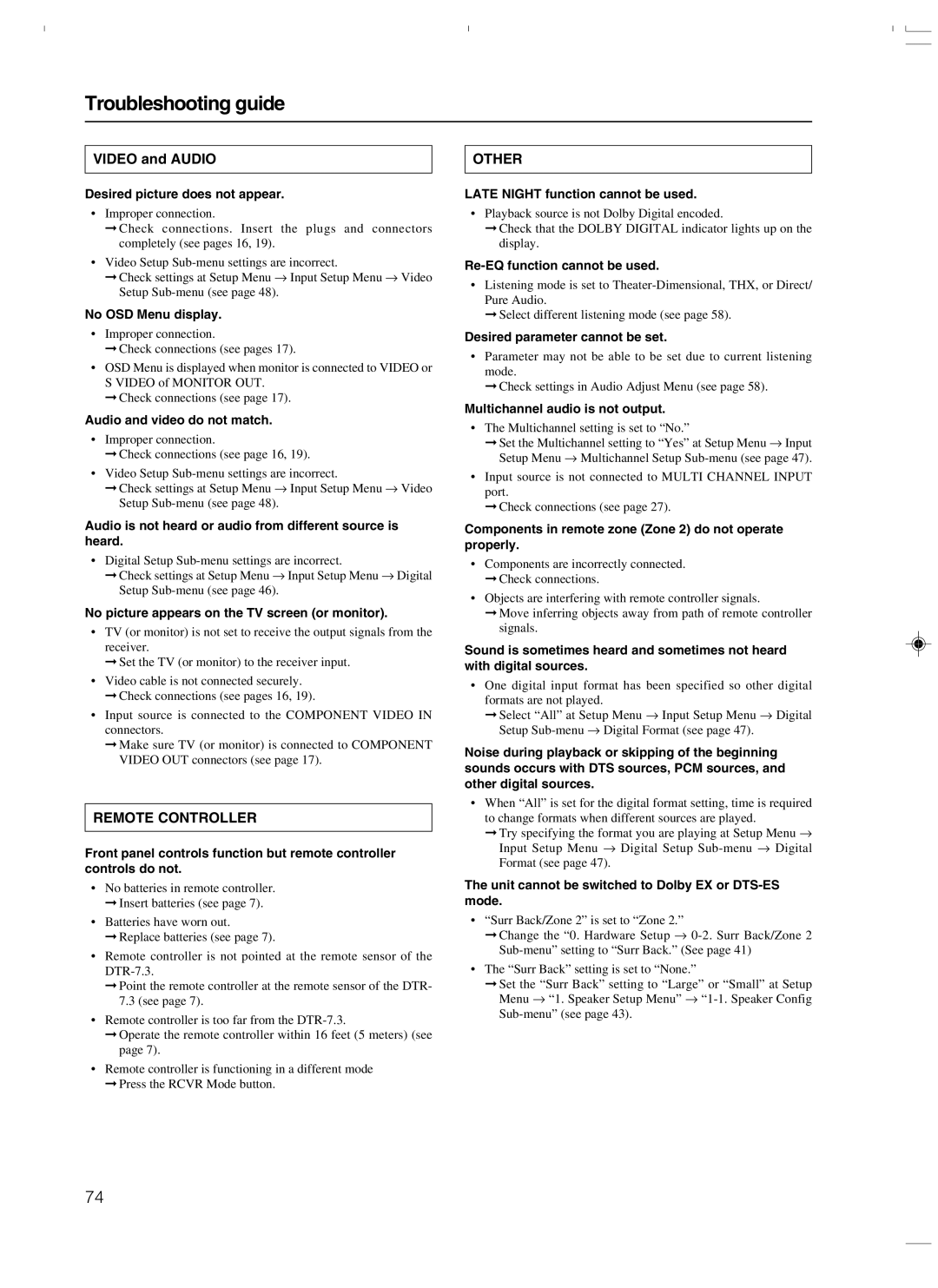 Integra DTR-7.3 instruction manual Troubleshooting guide, Video and Audio 