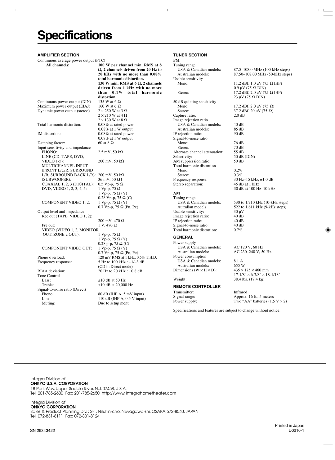 Integra DTR-7.3 instruction manual Specifications 