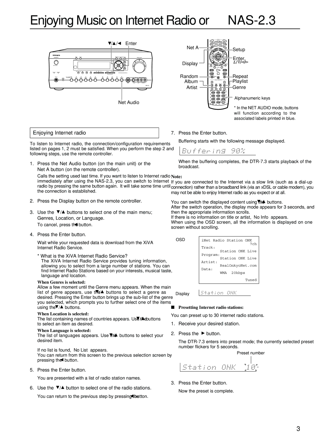 Integra DTR-7.3 instruction manual Enjoying Music on Internet Radio or NAS-2.3, Enjoying Internet radio 