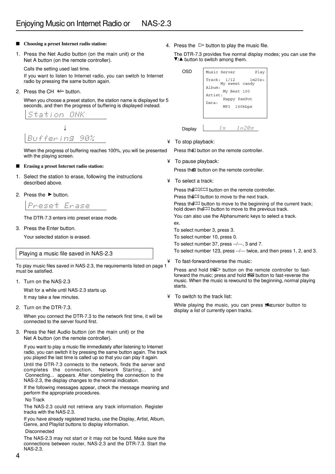 Integra DTR-7.3 instruction manual Enjoying Music on Internet Radio or NAS-2.3, Playing a music file saved in NAS-2.3 