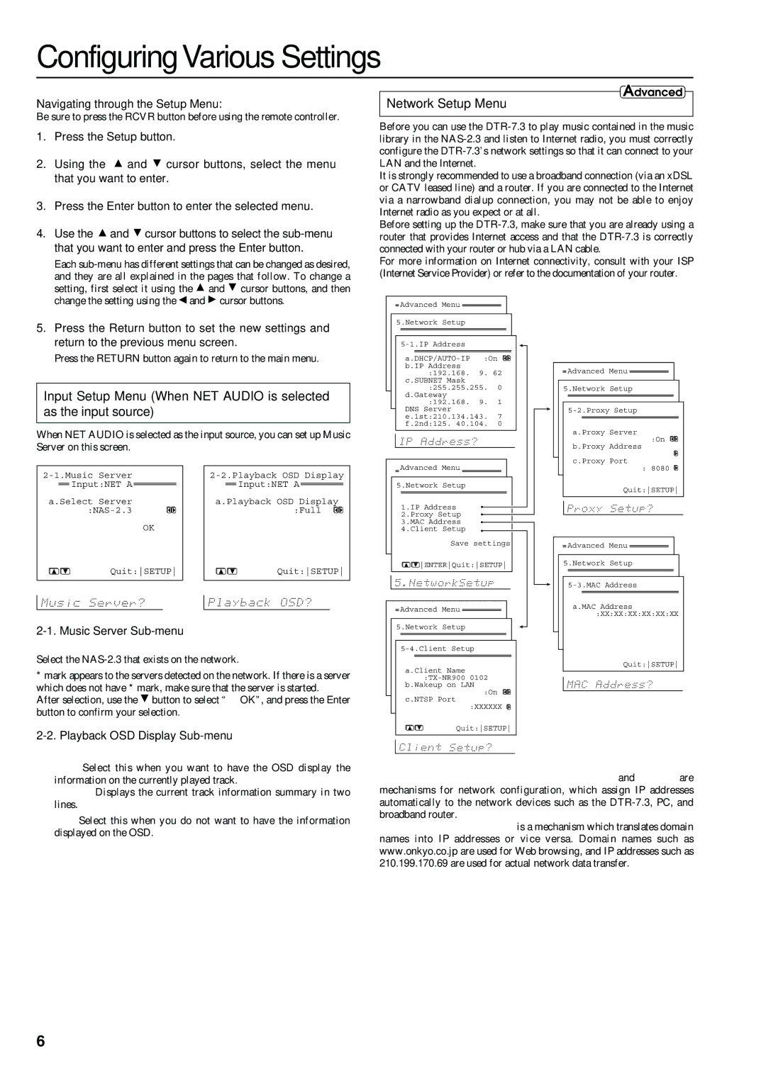 Integra DTR-7.3 instruction manual Configuring Various Settings, Network Setup Menu 