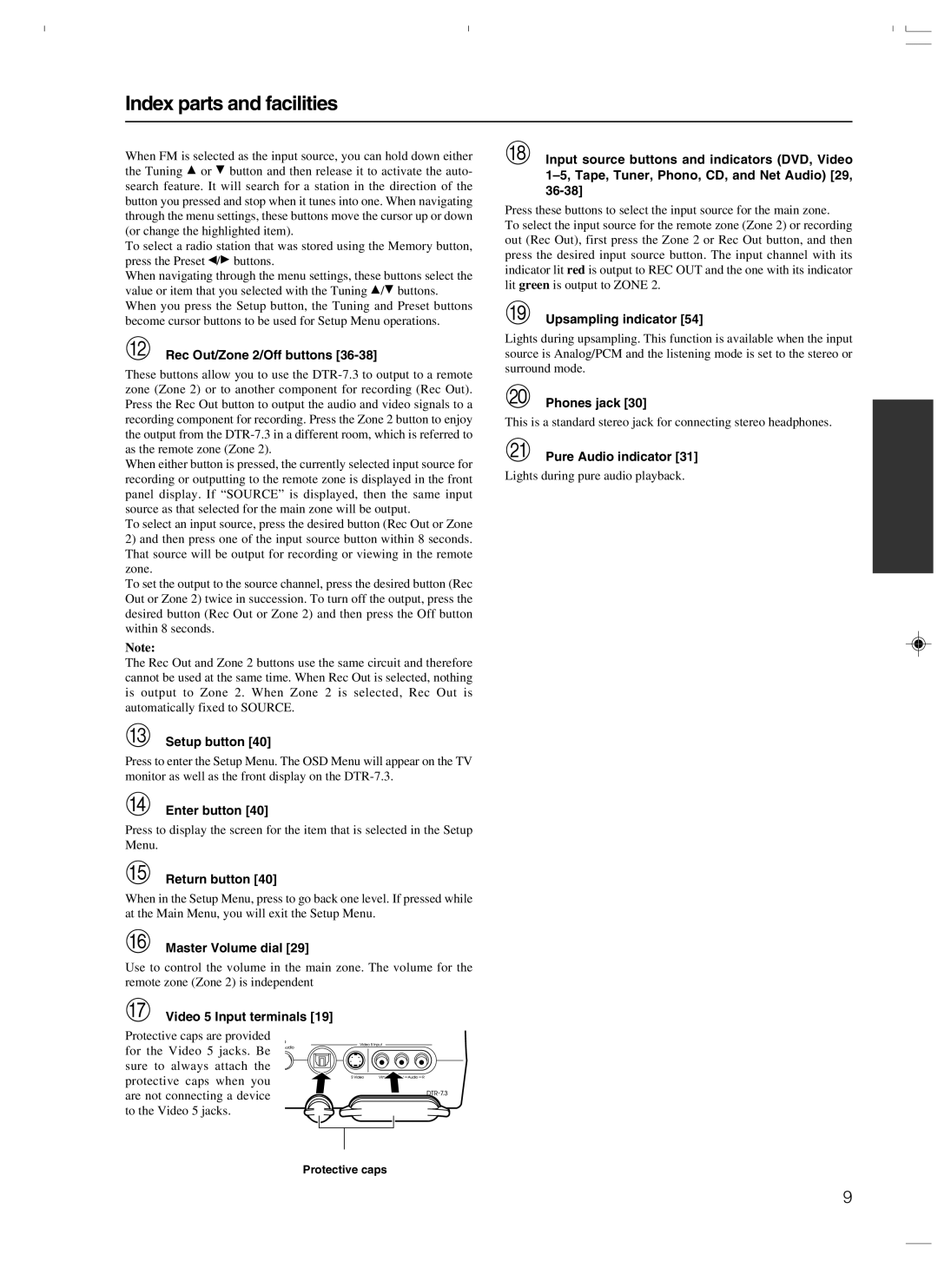 Integra DTR-7.3 instruction manual Index parts and facilities 