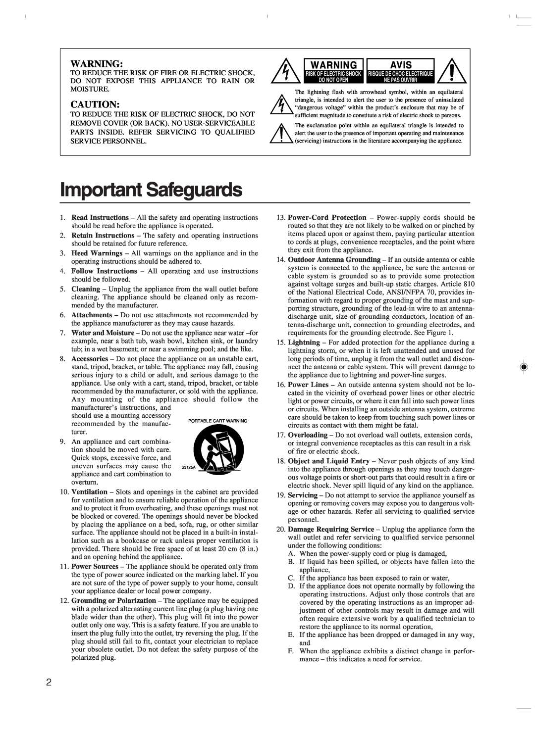 Integra DTR-7.3 instruction manual Important Safeguards, Avis 