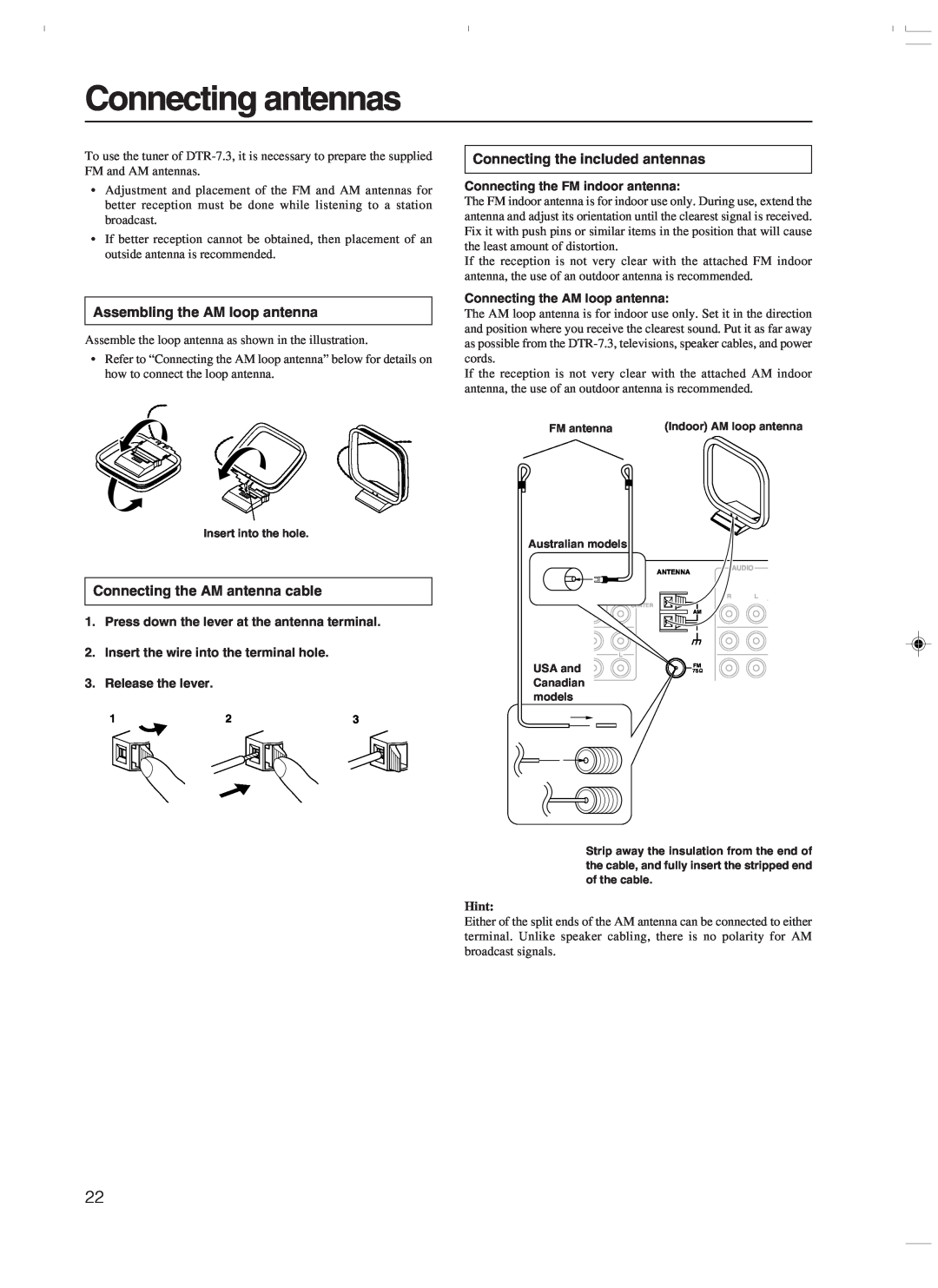Integra DTR-7.3 instruction manual Connecting antennas, Assembling the AM loop antenna, Connecting the AM antenna cable 