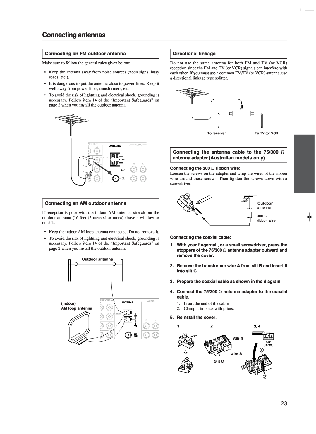 Integra DTR-7.3 instruction manual Connecting antennas, Connecting an FM outdoor antenna, Directional linkage 