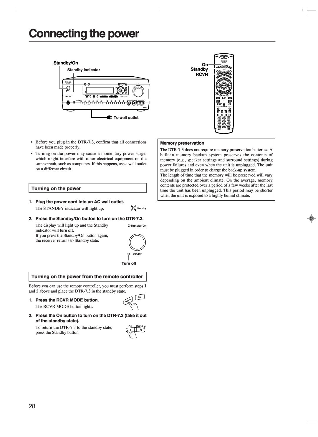 Integra DTR-7.3 instruction manual Connecting the power, Turning on the power from the remote controller 