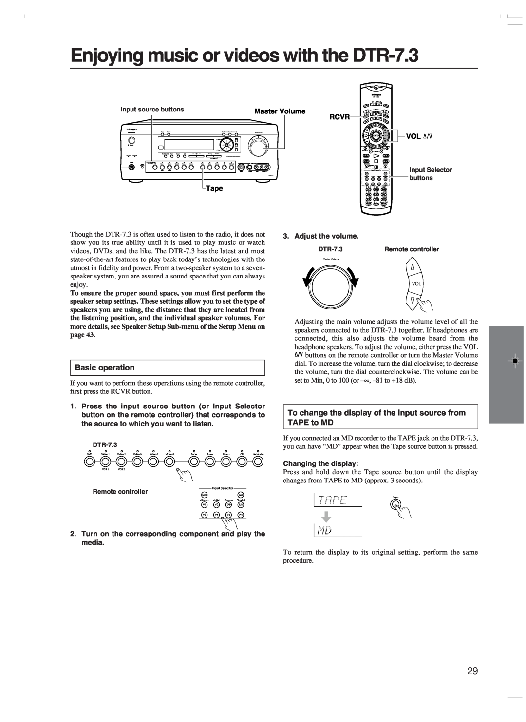 Integra instruction manual Enjoying music or videos with the DTR-7.3, Basic operation 