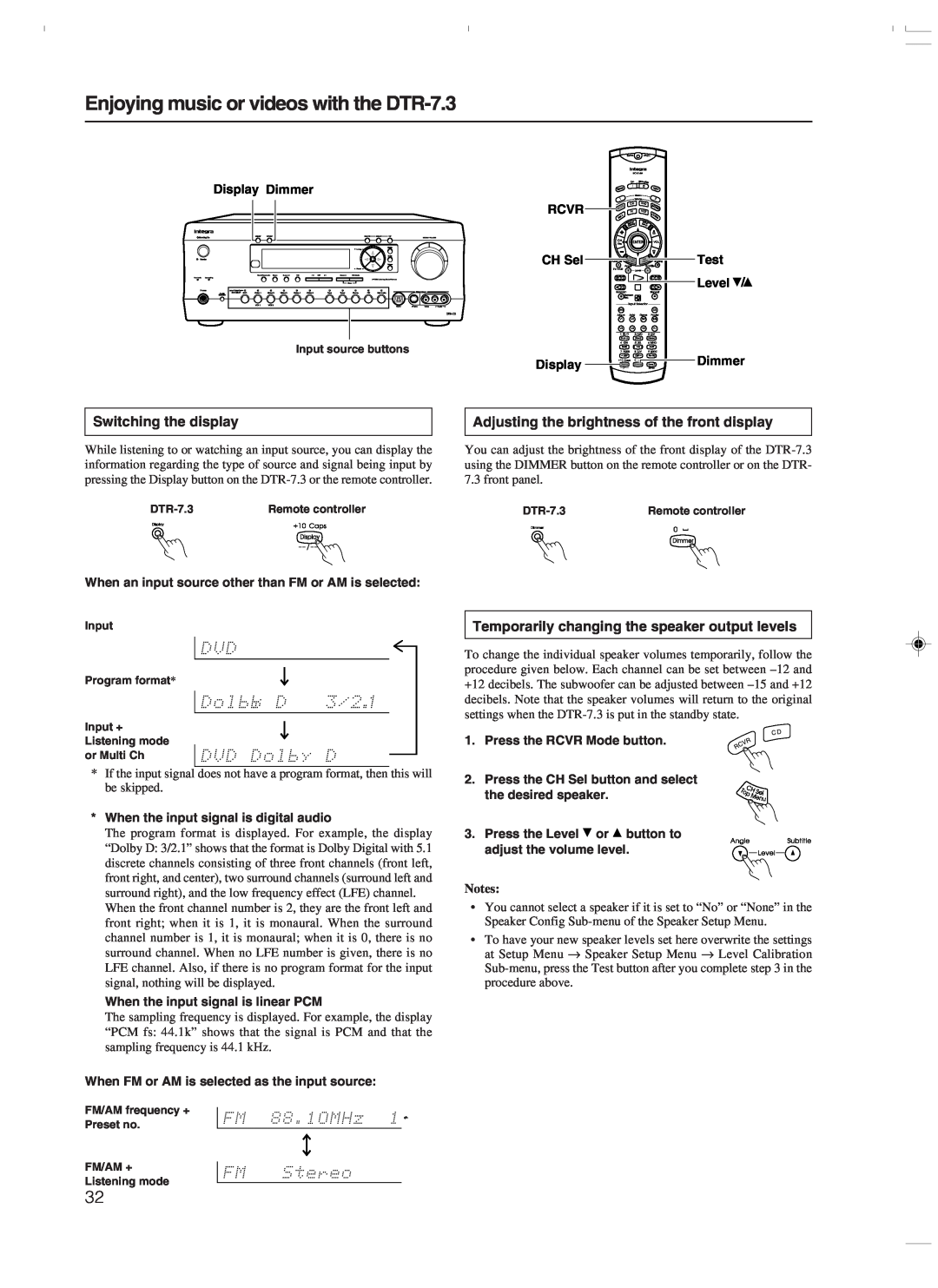 Integra DTR-7.3 instruction manual Switching the display, Adjusting the brightness of the front display, Display Dimmer 