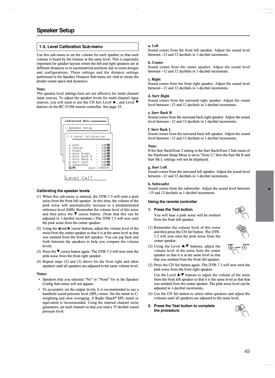 Integra DTR-7.3 Level Calibration Sub-menu, Speaker Setup, Notes, a. Left, b. Center, c. Right, d. Surr Right 