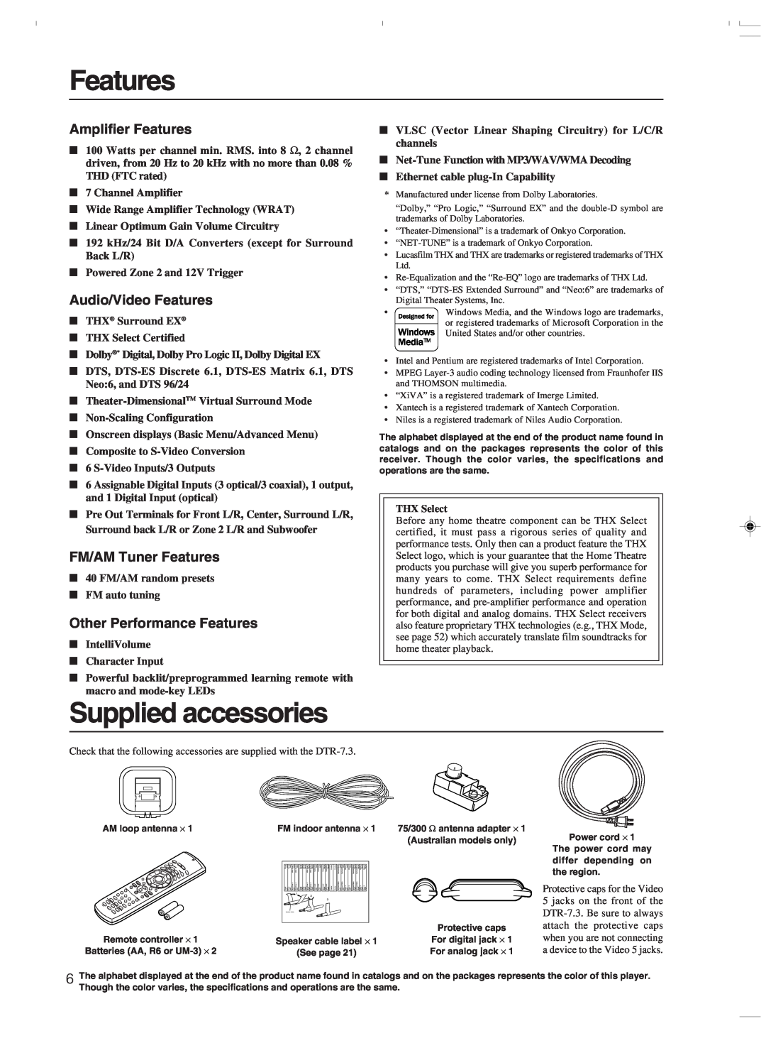 Integra DTR-7.3 instruction manual Supplied accessories, Amplifier Features, Audio/Video Features, FM/AM Tuner Features 