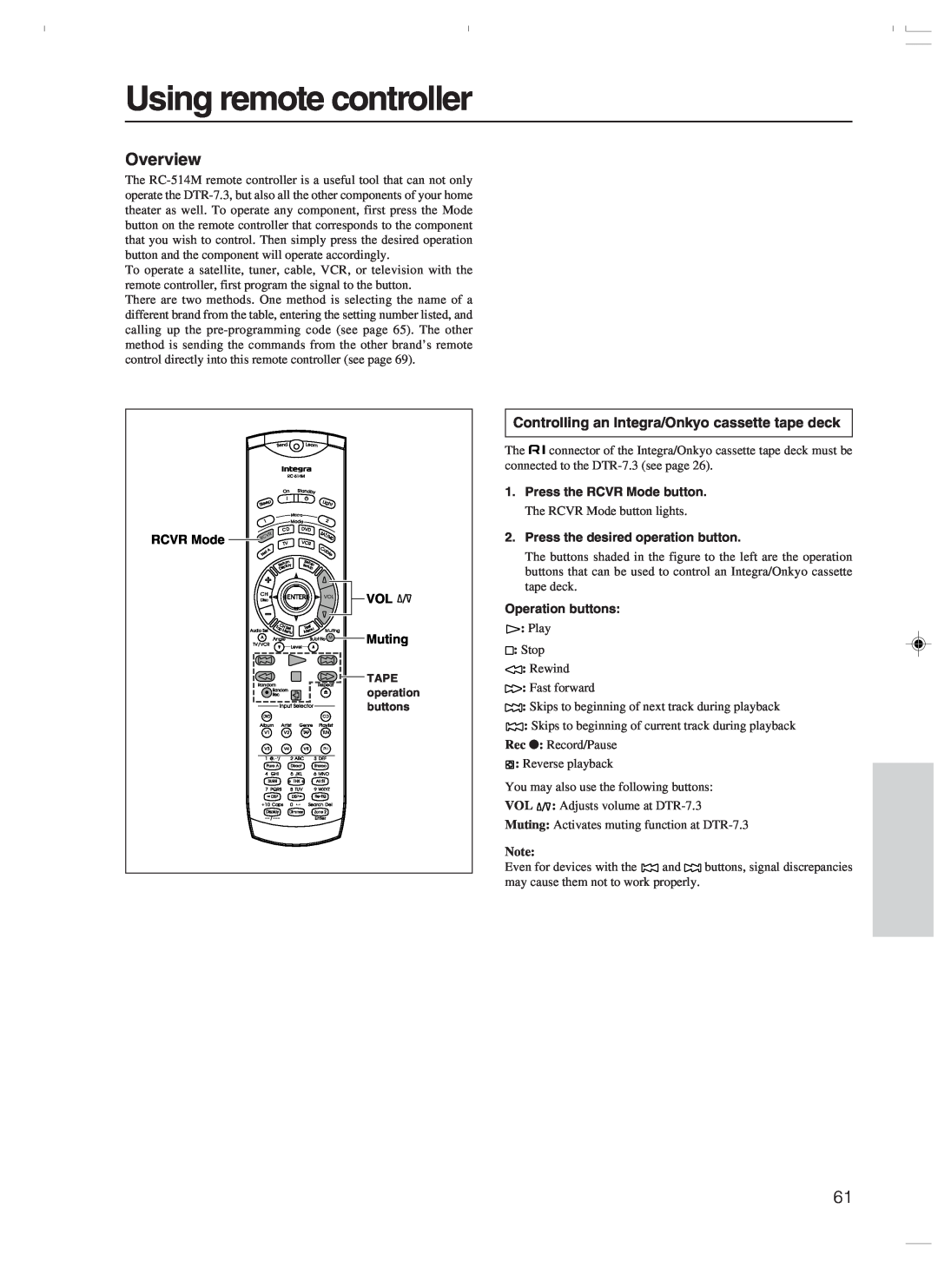 Integra DTR-7.3 instruction manual Using remote controller, Overview, Controlling an Integra/Onkyo cassette tape deck 