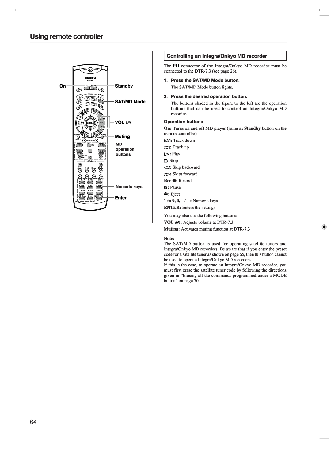 Integra DTR-7.3 instruction manual Controlling an Integra/Onkyo MD recorder, Using remote controller, Rec : Record 