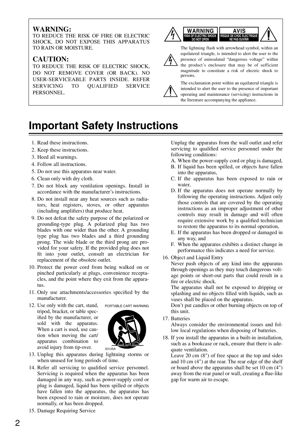 Integra DTR-7.4 instruction manual Important Safety Instructions 