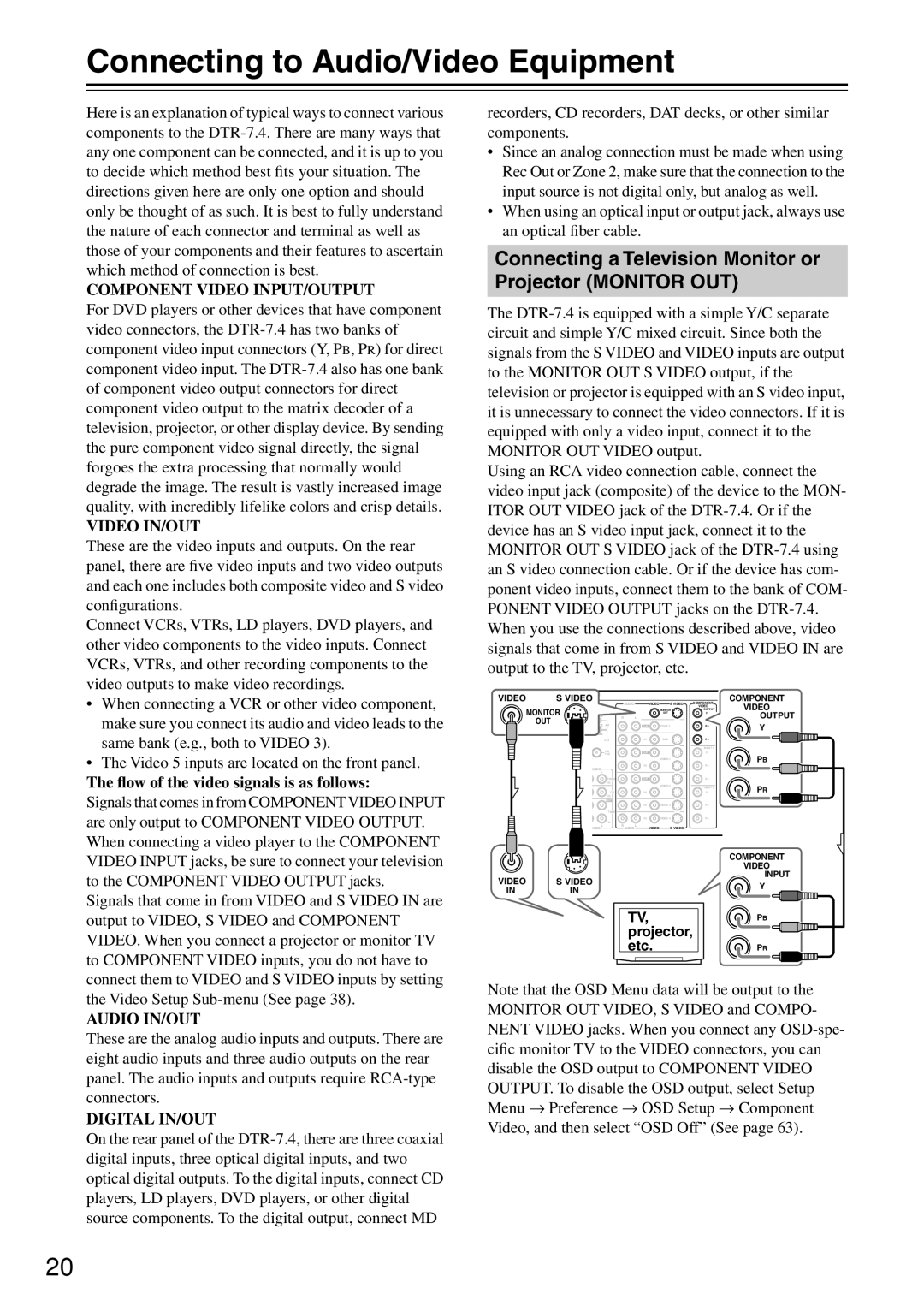 Integra DTR-7.4 Connecting to Audio/Video Equipment, Connecting a Television Monitor or Projector Monitor OUT 