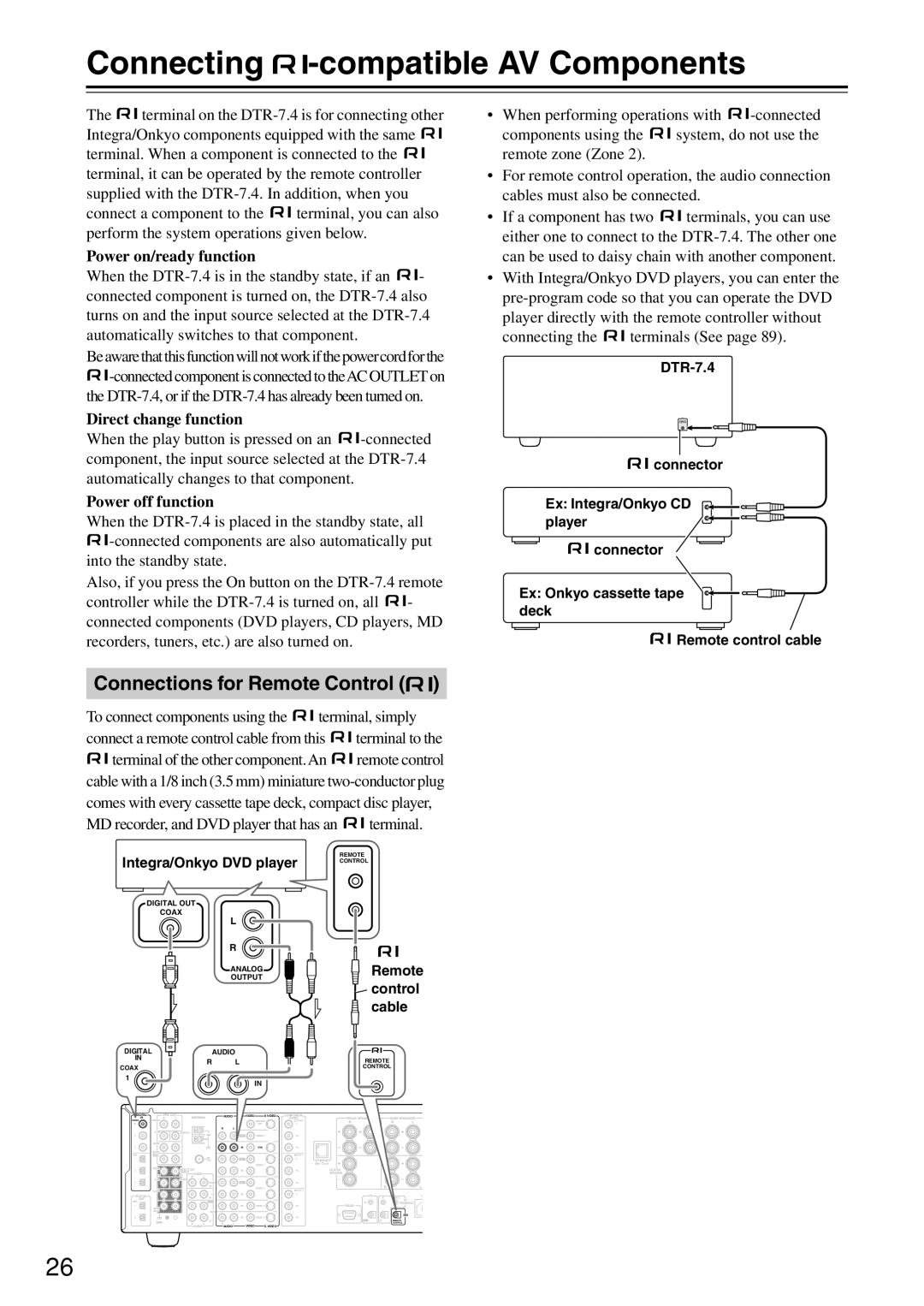 Integra DTR-7.4 Connecting -compatible AV Components, Connections for Remote Control, Power on/ready function 