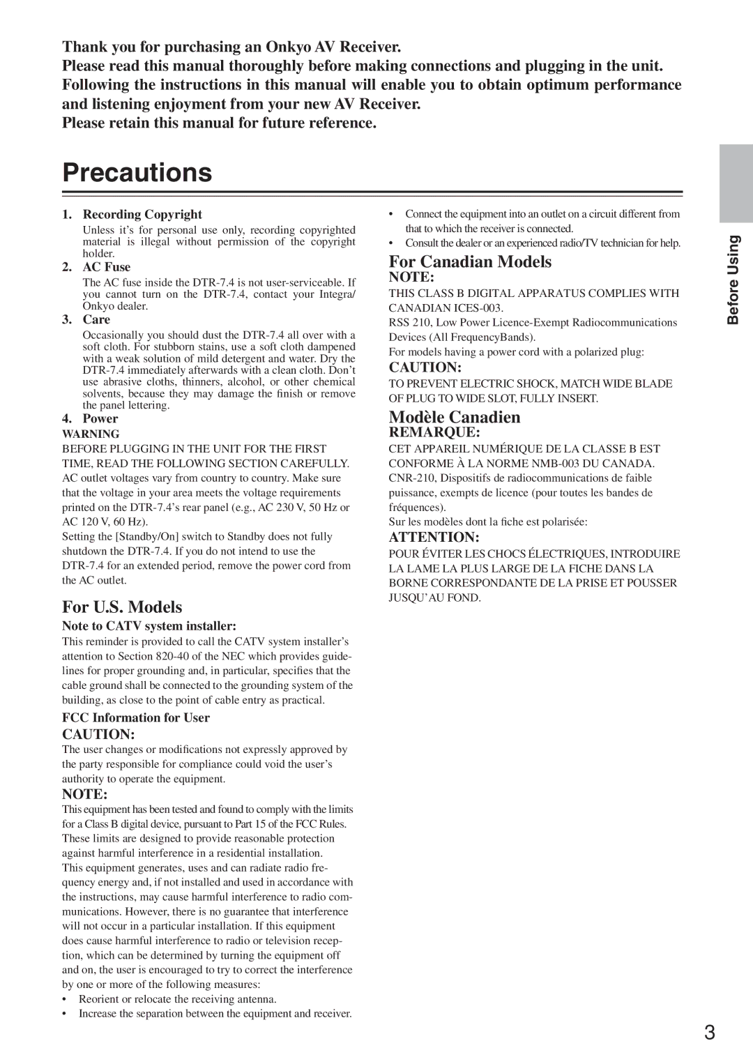 Integra DTR-7.4 instruction manual Precautions 