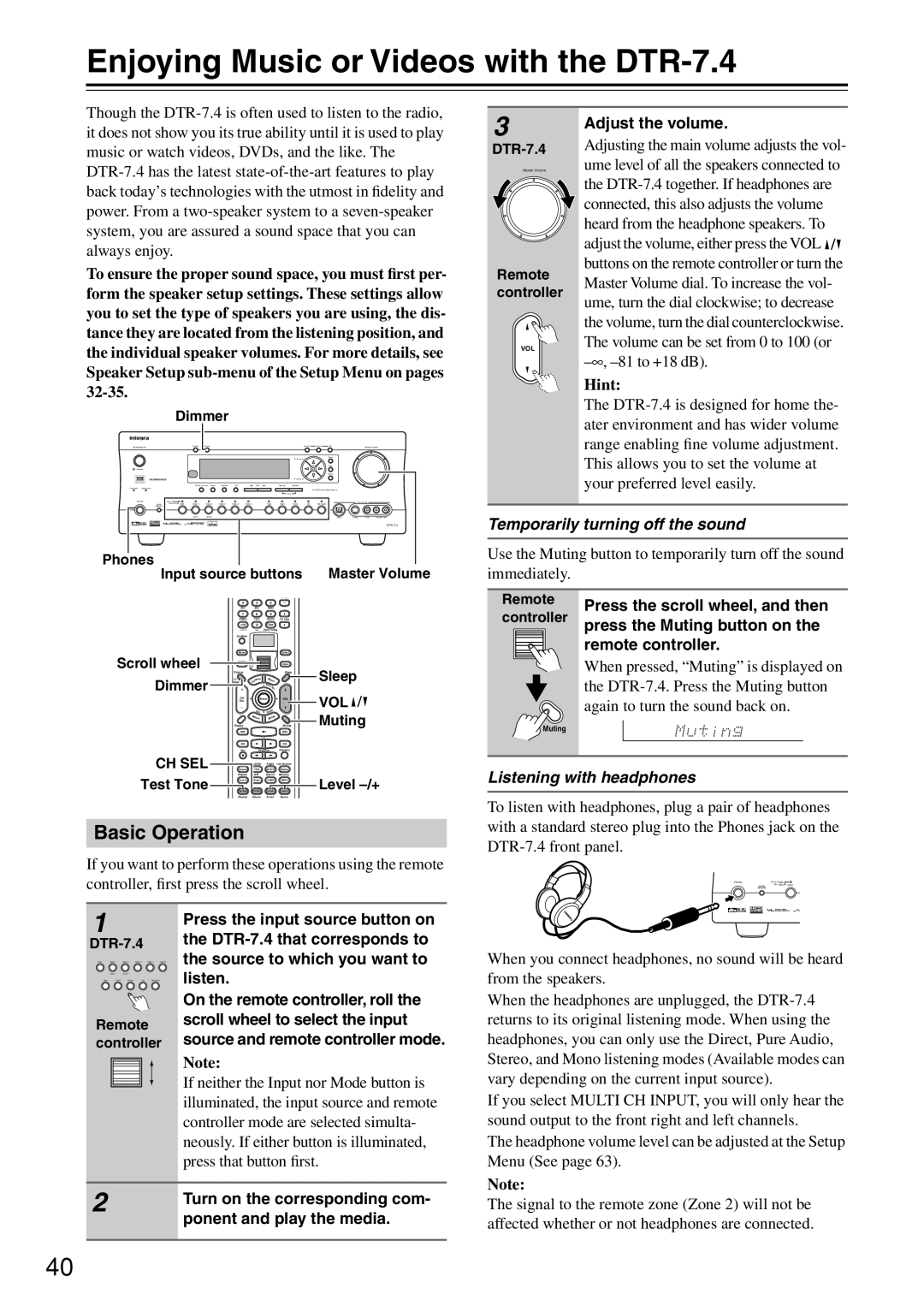 Integra instruction manual Enjoying Music or Videos with the DTR-7.4, Basic Operation, Temporarily turning off the sound 