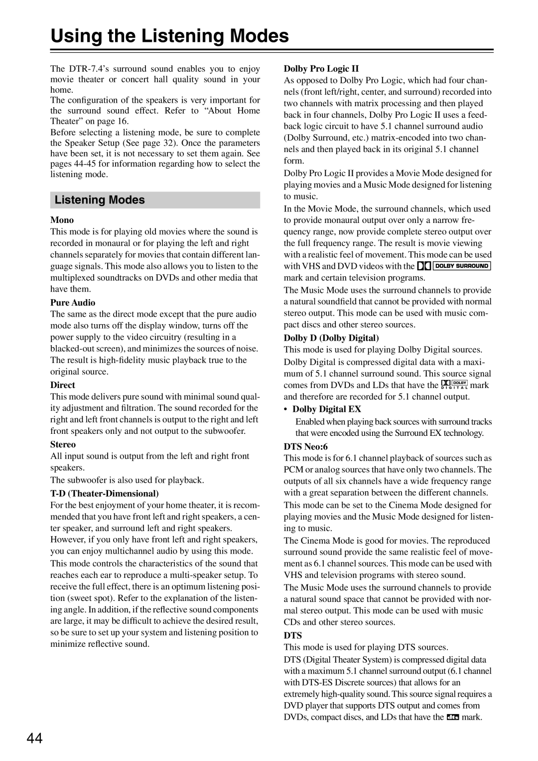 Integra DTR-7.4 instruction manual Using the Listening Modes 