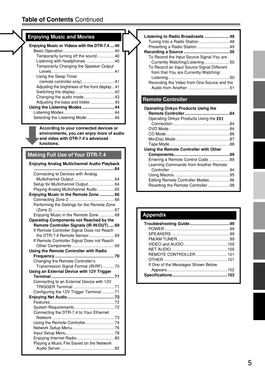 Integra DTR-7.4 instruction manual Table of Contents 