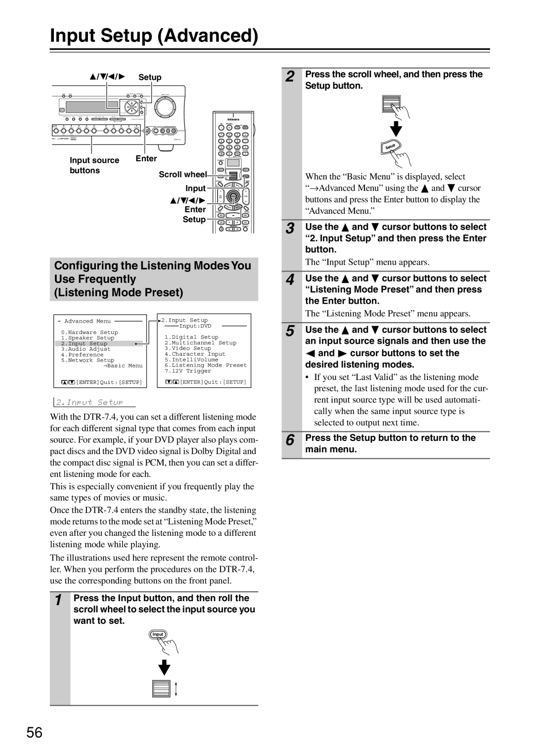 Integra DTR-7.4 instruction manual Input Setup Advanced, Press the scroll wheel, and then press the Setup button 