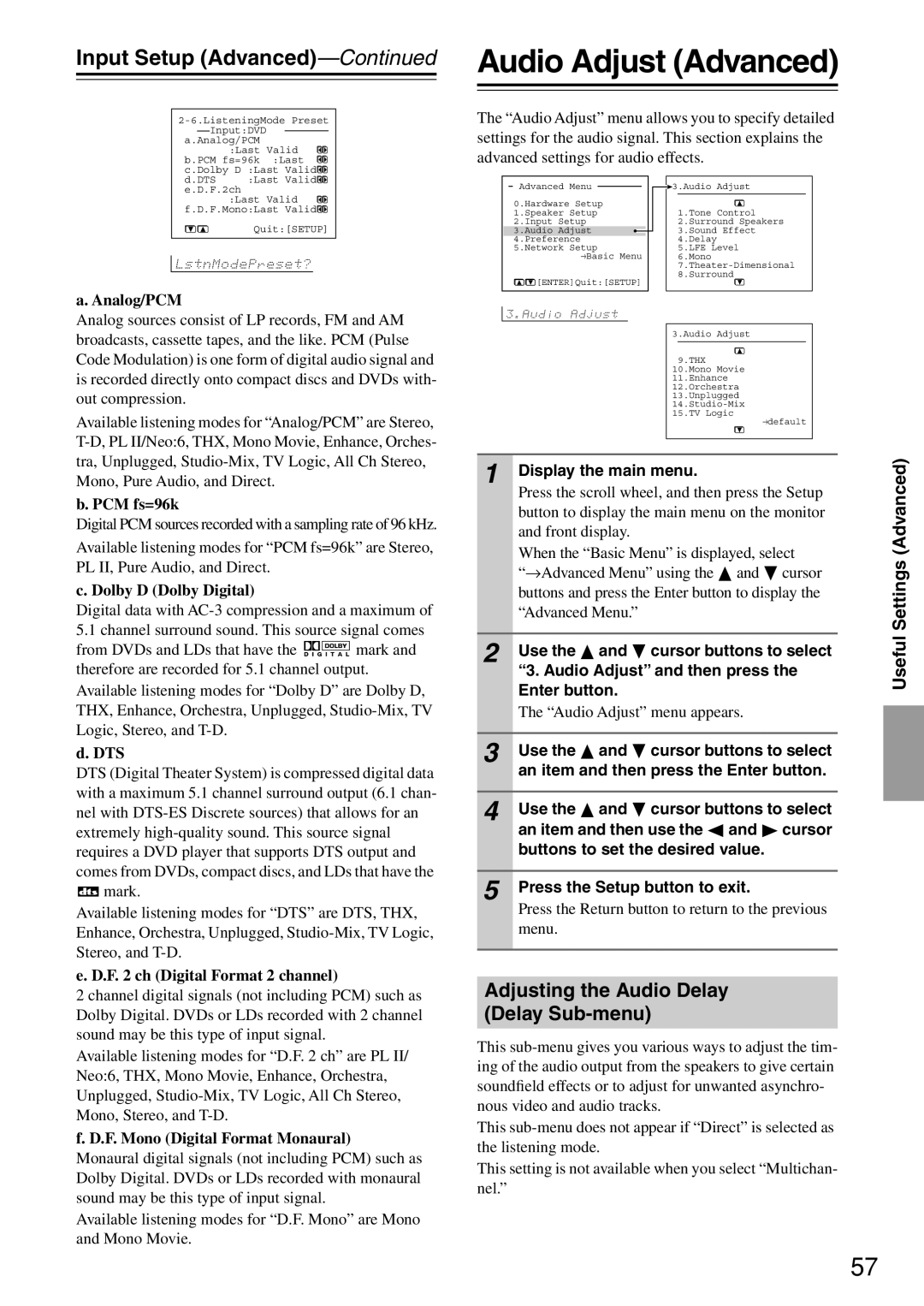 Integra DTR-7.4 instruction manual Audio Adjust Advanced, Input Setup Advanced, Adjusting the Audio Delay Delay Sub-menu 