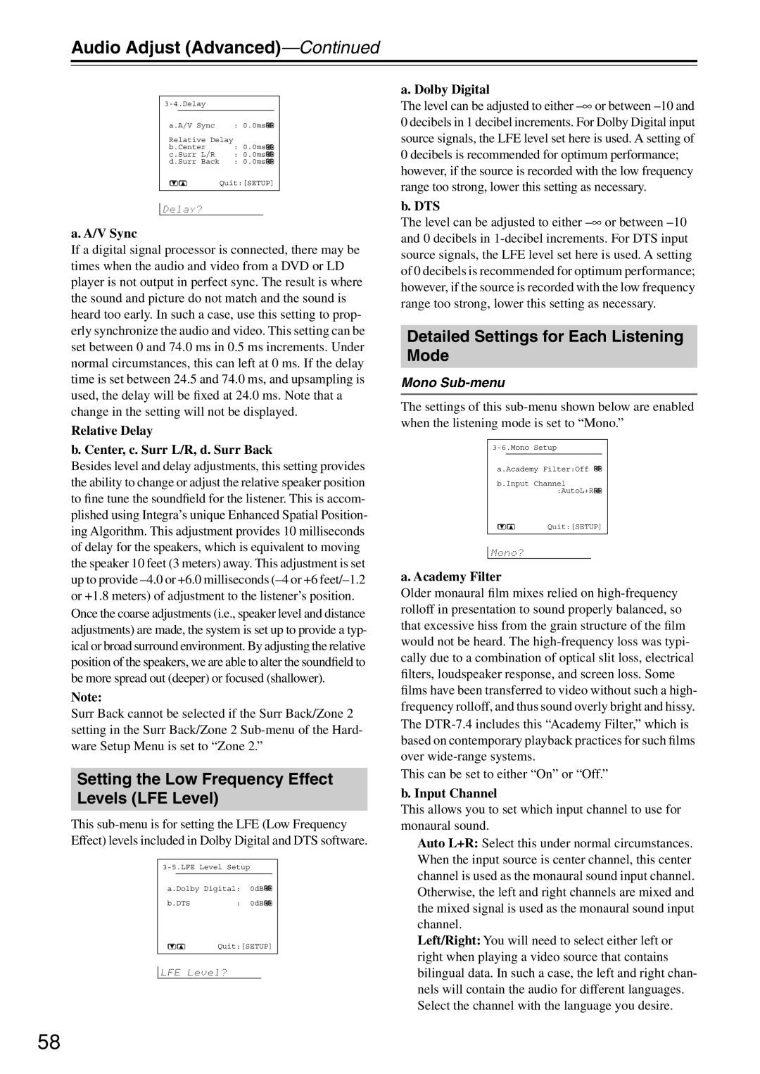 Integra DTR-7.4 instruction manual Audio Adjust Advanced, Setting the Low Frequency Effect Levels LFE Level, Mono Sub-menu 