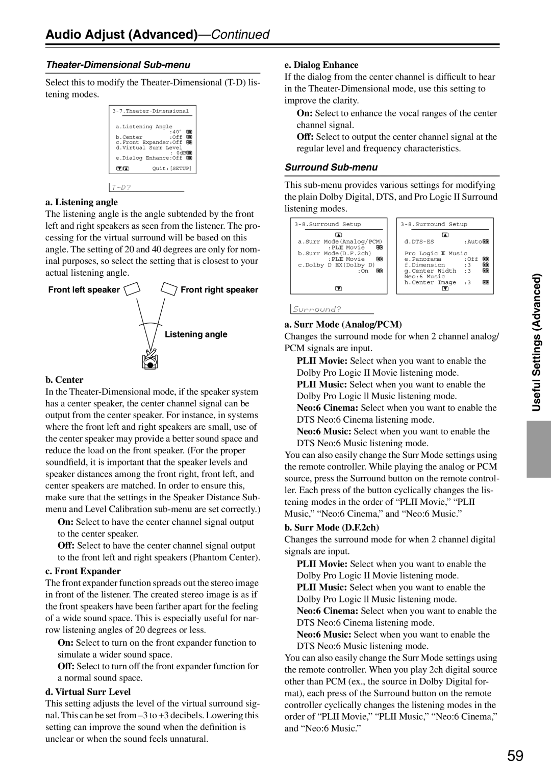 Integra DTR-7.4 instruction manual Theater-Dimensional Sub-menu, Surround Sub-menu 