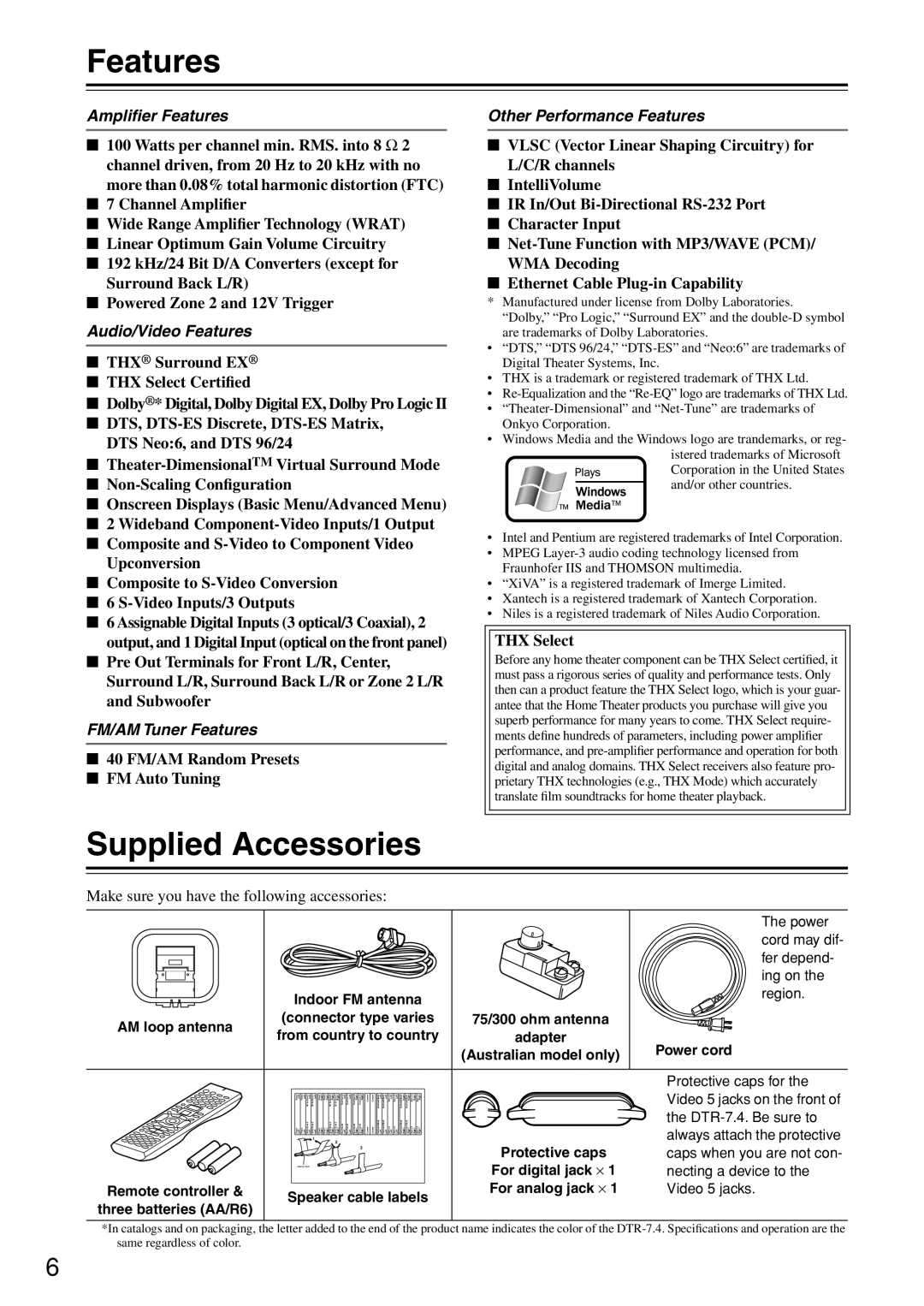 Integra DTR-7.4 instruction manual Features, Supplied Accessories 