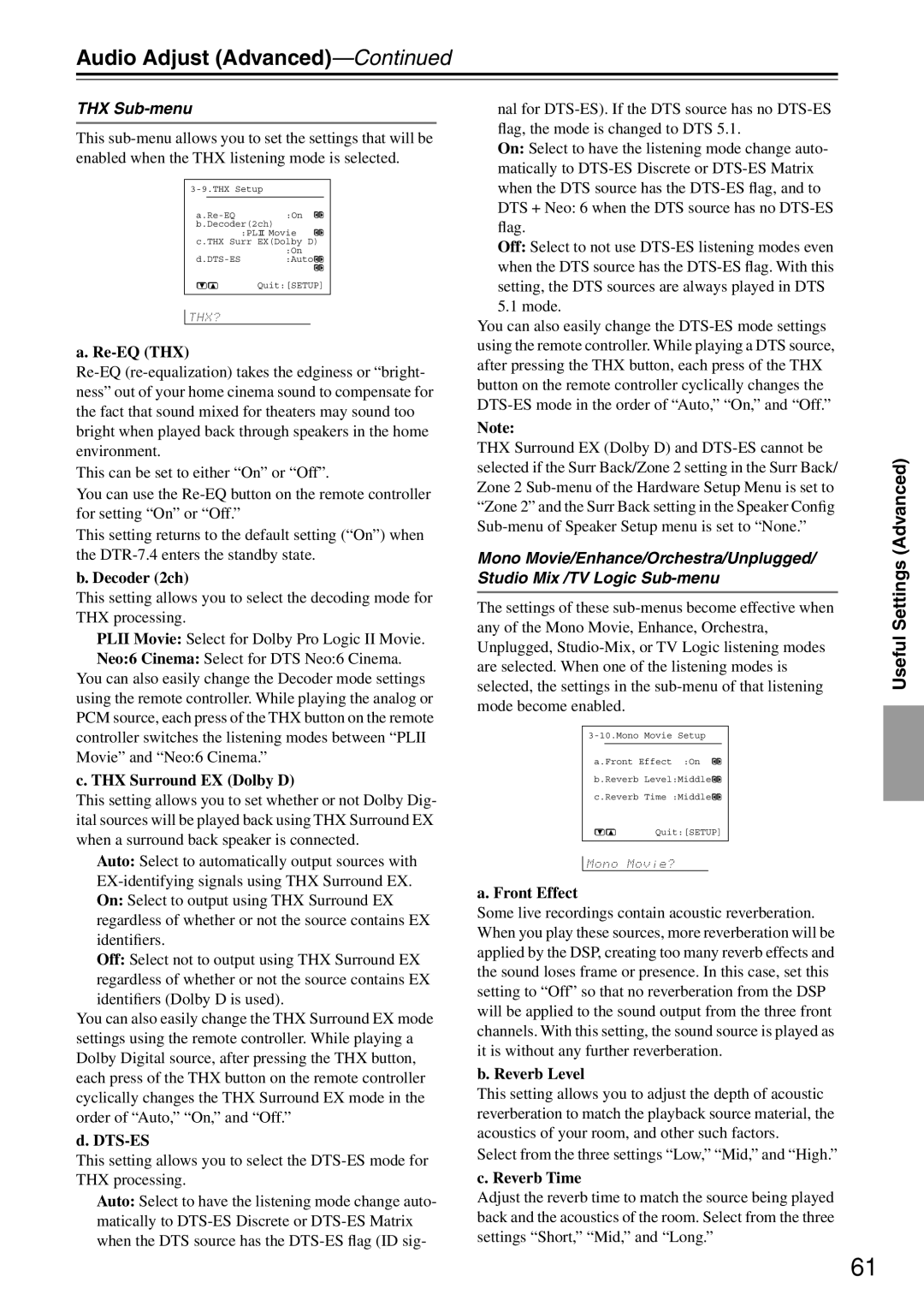 Integra DTR-7.4 instruction manual THX Sub-menu 